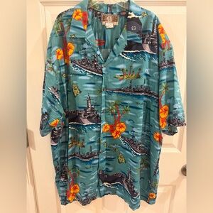 Vintage-Style Teal Hawaiian Button-Down Shirt with Floral Print